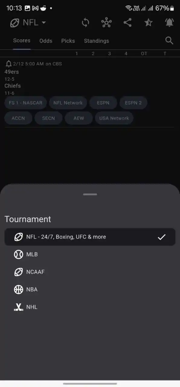 Dofu Sports match schedule screen
